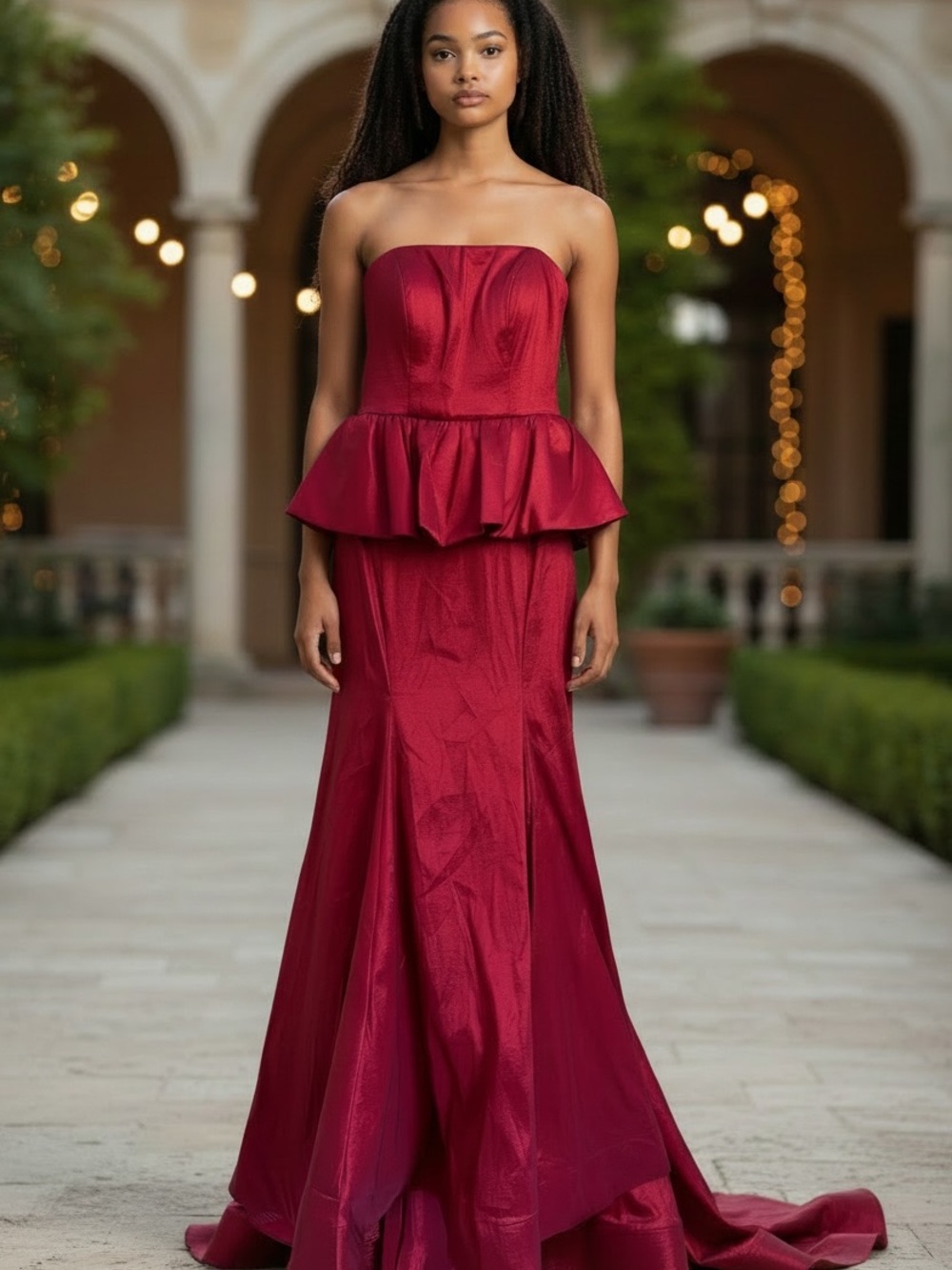 B Darlin Strapless Peplum Mermaid Gown in Burgundy. Junior Size 7/8